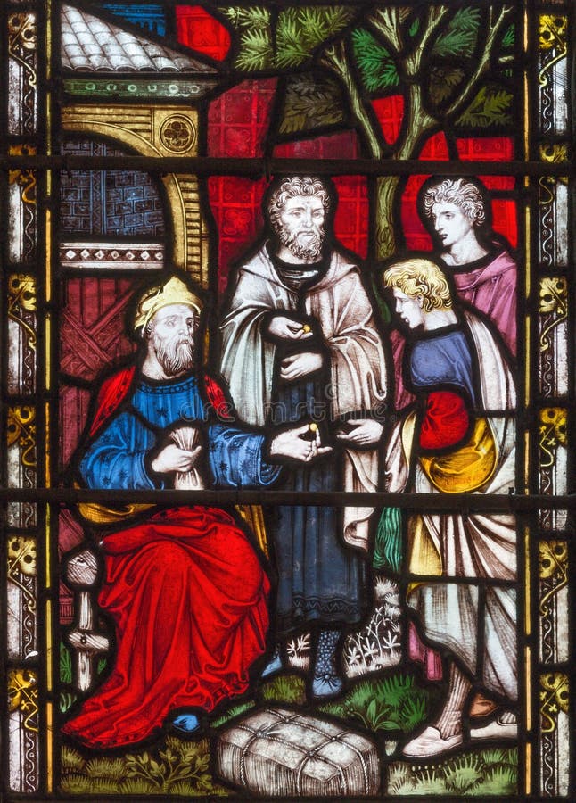 LONDON, GREAT BRITAIN - SEPTEMBER 19, 2017: The Parable of Talents on the stained glass in St Mary Abbot`s church