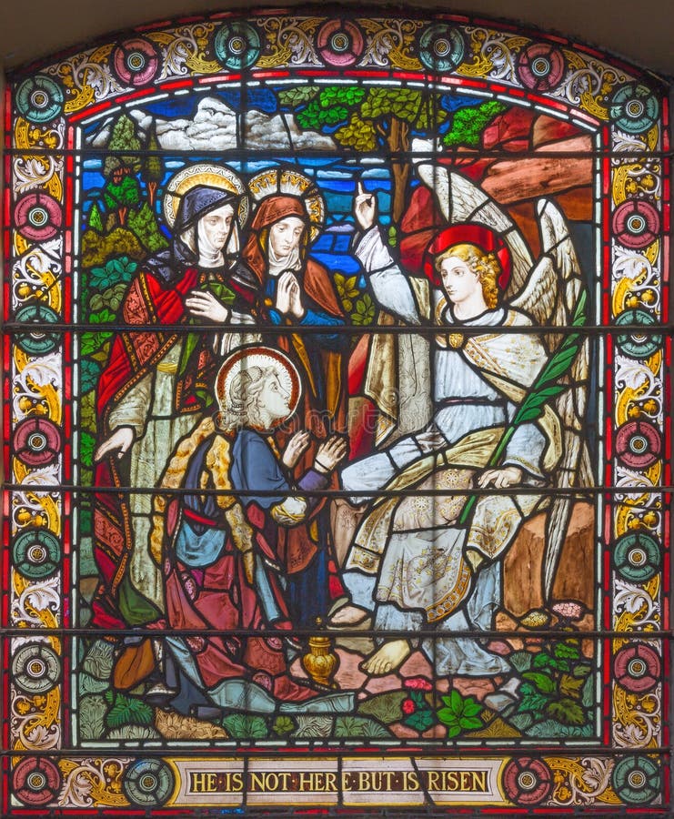 London - The Women Visit the Empty Tomb scene on the satined glass of St James`s Church, Clerkenwell.