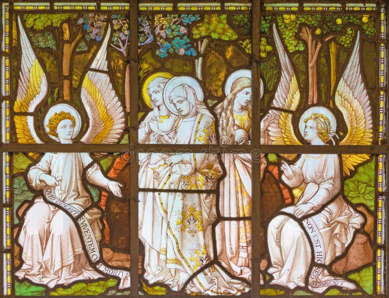 LONDON, GREAT BRITAIN - SEPTEMBER 20, 2017: The Women Visit the Empty Tomb on the stained glass in church St. Pancras