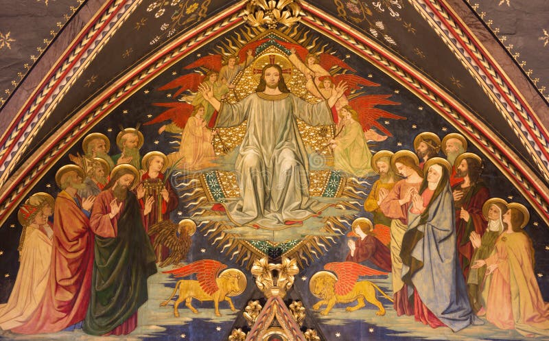 LONDON, GROSSBRITANNIEN - 15. SEPTEMBER 2017: Der gotische Neoruhm von Resurrected Jesus Malerei auf dem Holz in der Kirche alle stockfotos LONDON, GROSSBRITANNIEN - 15. SEPTEMBER 2017: Der gotische Neoruhm von Resurrected Jesus Malerei auf dem Holz in der Kirche alle stockfotos