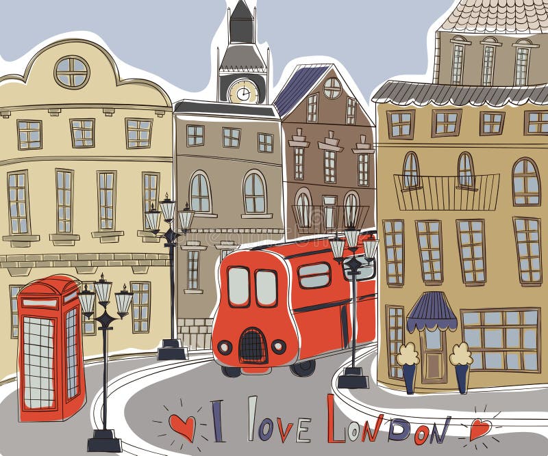 London landscape in vintage doodle style. I love london. royalty free illustration London landscape in vintage doodle style. I love london. royalty free illustration