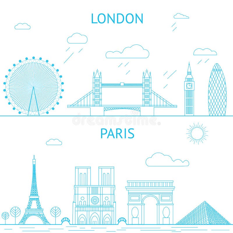 London and Paris skyline illustration in lines vector illustration