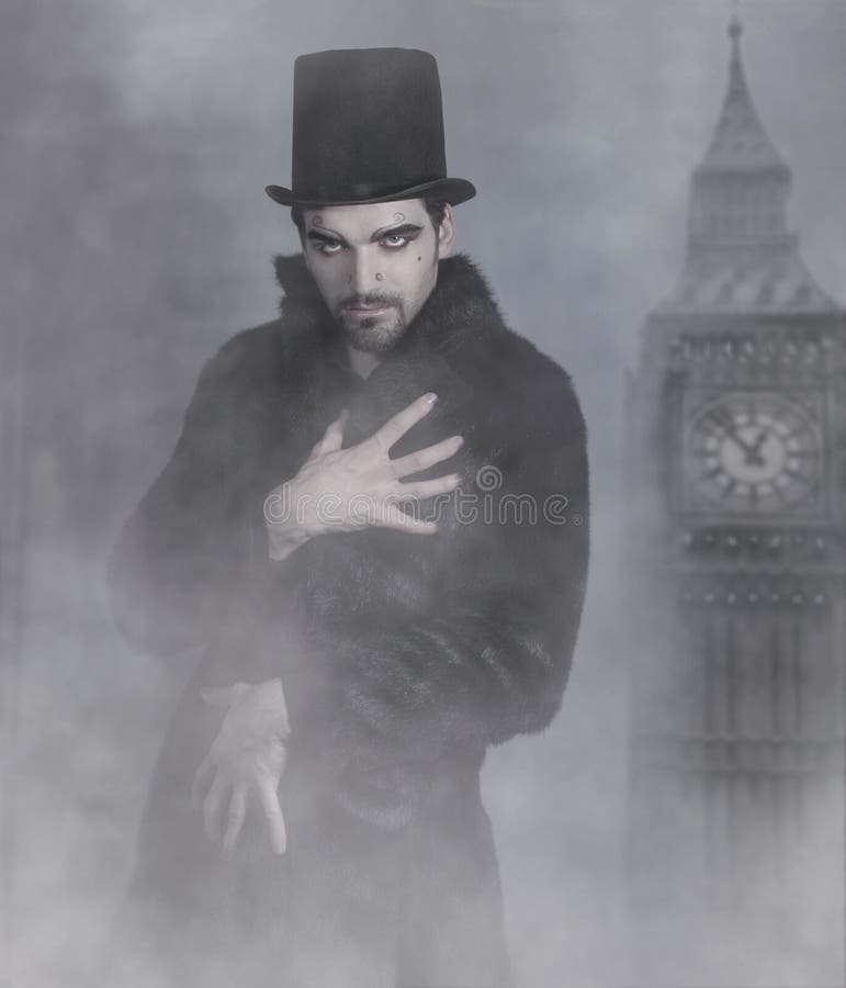 Mysterious good looking man in fur coat and top hat surrounded by fog. Mysterious good looking man in fur coat and top hat surrounded by fog