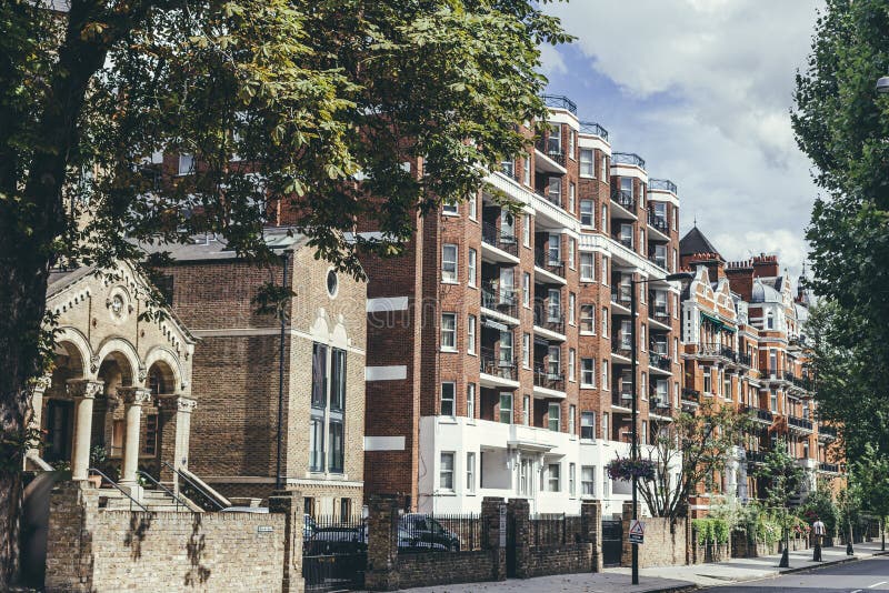 Abbey Road Baptist Church and large late Victorian blocks on Abbey Road in St John\ s Wood, City of Westminster, London