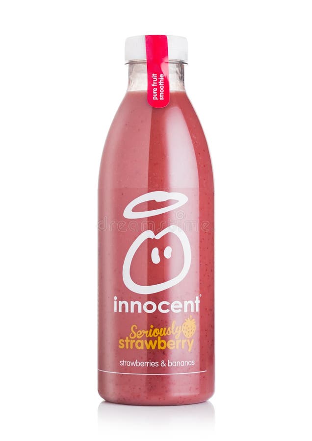 LONDON, UK - AUGUST 10, 2018: Bottle of Innocent organic smoothie juice drink with strawberry and banana flavour on white backgrou