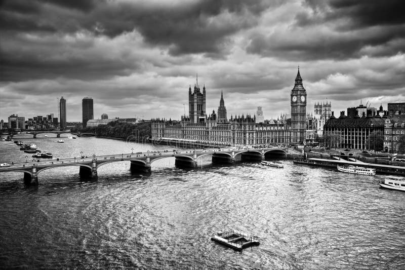 London, the UK. Big Ben, the Palace of Westminster in black and white. The icon of England. London, the UK. Big Ben, the Palace of Westminster in black and white. The icon of England