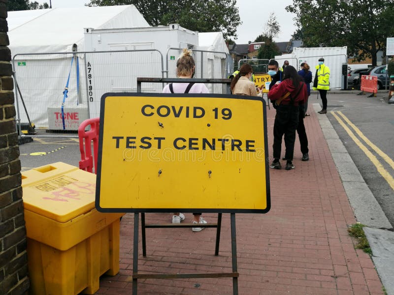 London, UK - 21/9/2020: Covid-19 coronavirus test centre road sign  in North London