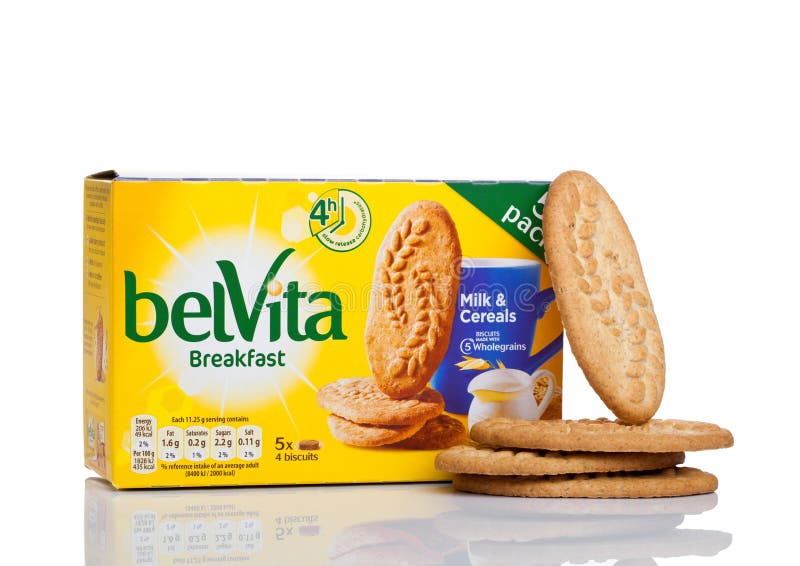 LONDON, UK -DECEMBER 07, 2017: belVita Breakfast Milk & Cereals on white. belVita biscuits are made with wholegrain that provide f