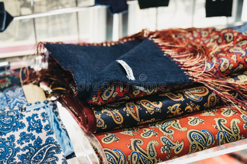 Stack of paisley scarves on the window display of Peckham Rye shop in Covent Garden, London, UK stock photos Stack of paisley scarves on the window display of Peckham Rye shop in Covent Garden, London, UK stock photos