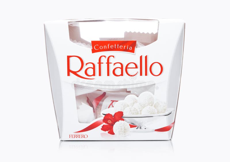 LONDON, UK -DECEMBER 07, 2017: Ferrero Raffaello in a box on white. Raffaello is a spherical coconut almond confection that manufa