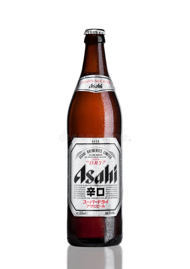 LONDON, UK - MARCH 15, 2017: Bottle of Asahi Lager beer on white background, Made by Asahi Breweries, Ltd in Japan since 1889