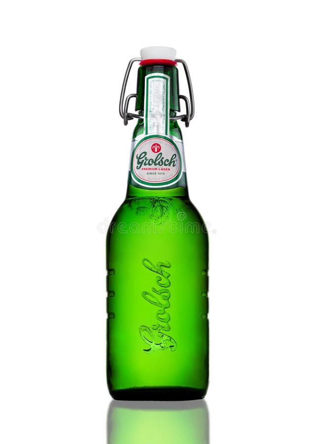 LONDON, UK - MARCH 15, 2017: Bottle of Grolsch Premium Lager beer with flip-top cap. stock photo LONDON, UK - MARCH 15, 2017: Bottle of Grolsch Premium Lager beer with flip-top cap. stock photo