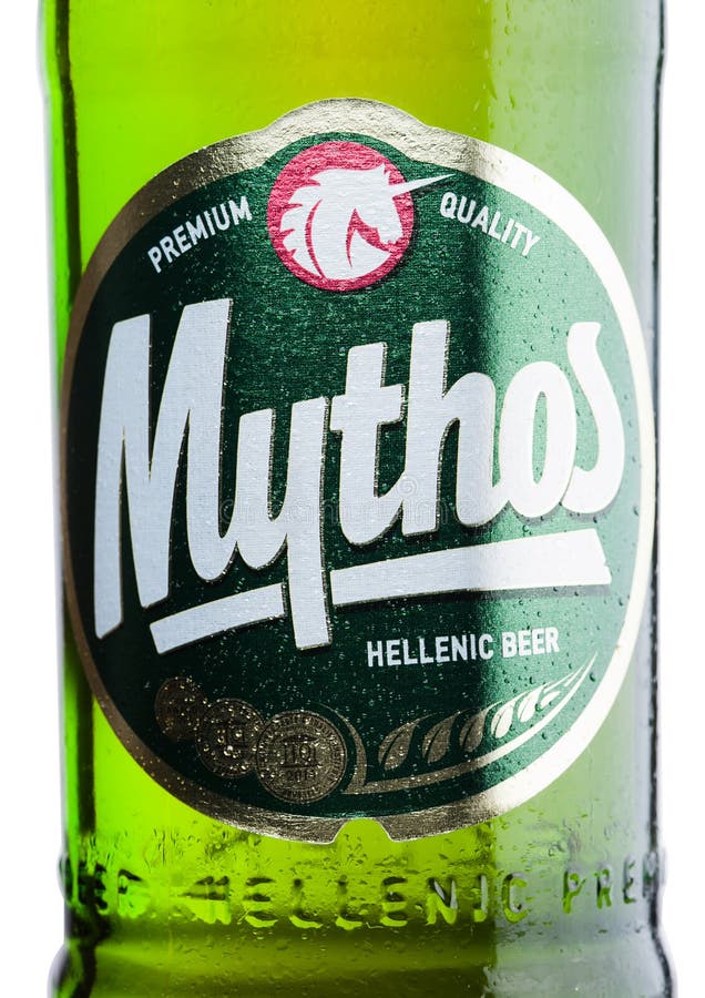 LONDON, UK - MARCH 15, 2017: Bottle label of Mythos beer on white. Made by the Mythos Brewery company, the popular brand was laun