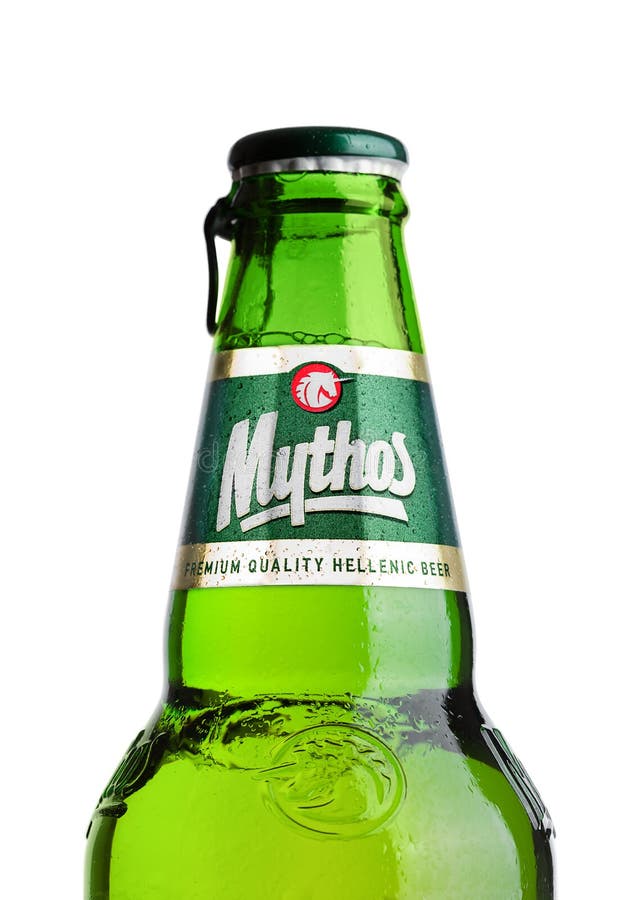 LONDON, UK - MARCH 15, 2017: Bottle of Mythos beer on white. Made by the Mythos Brewery company, the popular brand was launched i
