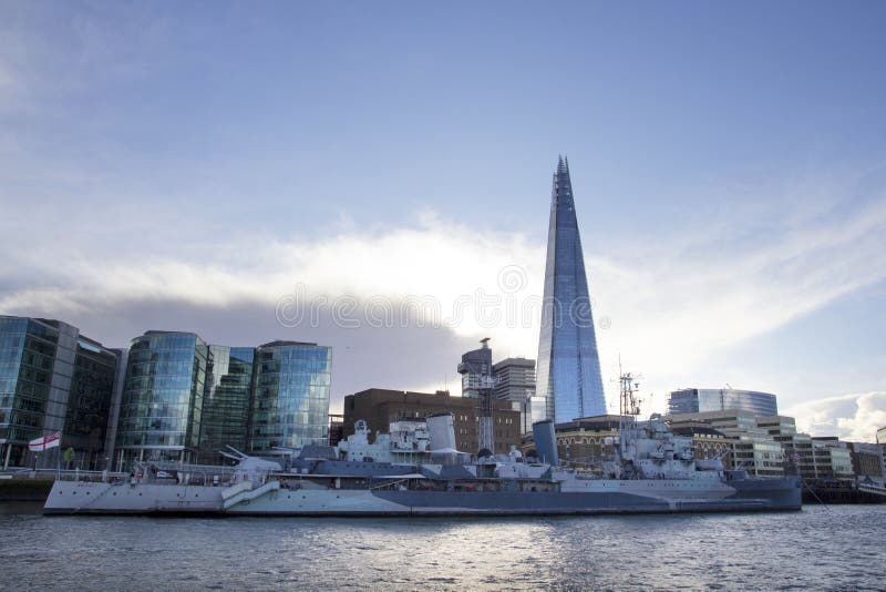 London cityscape across the River Thames with a view of HMS Belfast Warship Museum and The Shard