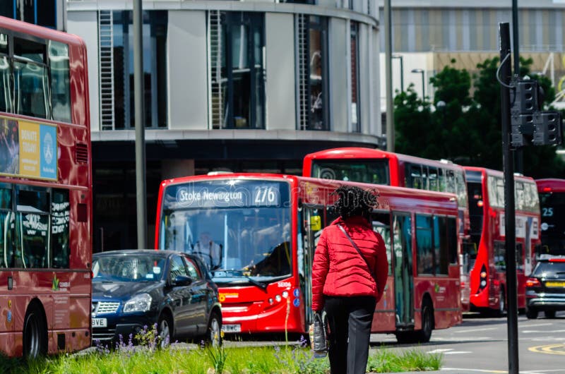 London Uk May 21 2019 Red Double Decker Bus Driving Down The Street