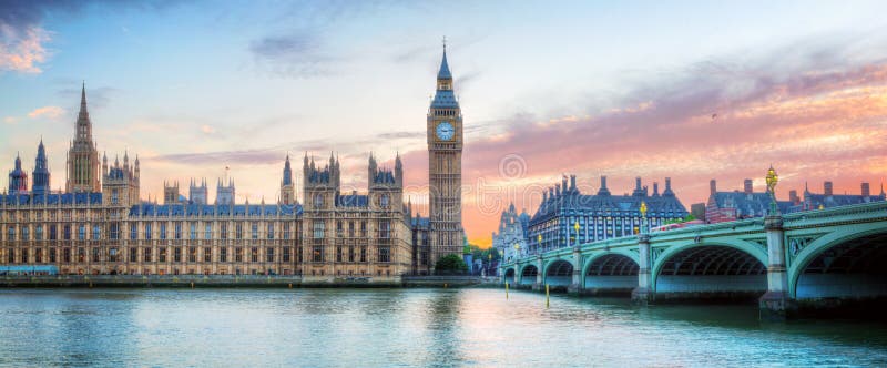 London, UK panorama. Big Ben in Westminster Palace on River Thames at beautiful sunset. London, UK panorama. Big Ben in Westminster Palace on River Thames at beautiful sunset.
