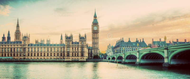 London, UK panorama. Big Ben in Westminster Palace on River Thames at sunset. Vintage. London, UK panorama. Big Ben in Westminster Palace on River Thames at sunset. Vintage