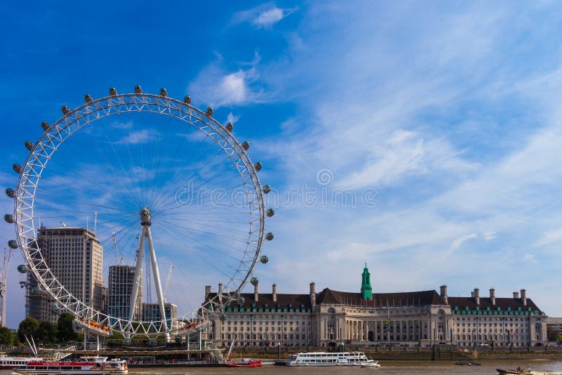 LONDON, UNITED KINGDOM - AUGUST 28, 2017 - View of the London Eye and surroundings from Westminster Millennium Pier stock image LONDON, UNITED KINGDOM - AUGUST 28, 2017 - View of the London Eye and surroundings from Westminster Millennium Pier stock image