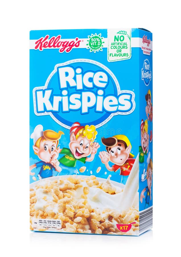 LONDRA, REGNO UNITO - 1° GIUGNO 2018: Scatola di cereale da prima colazione di Krispies del riso del ` s di Kellogg su bianco