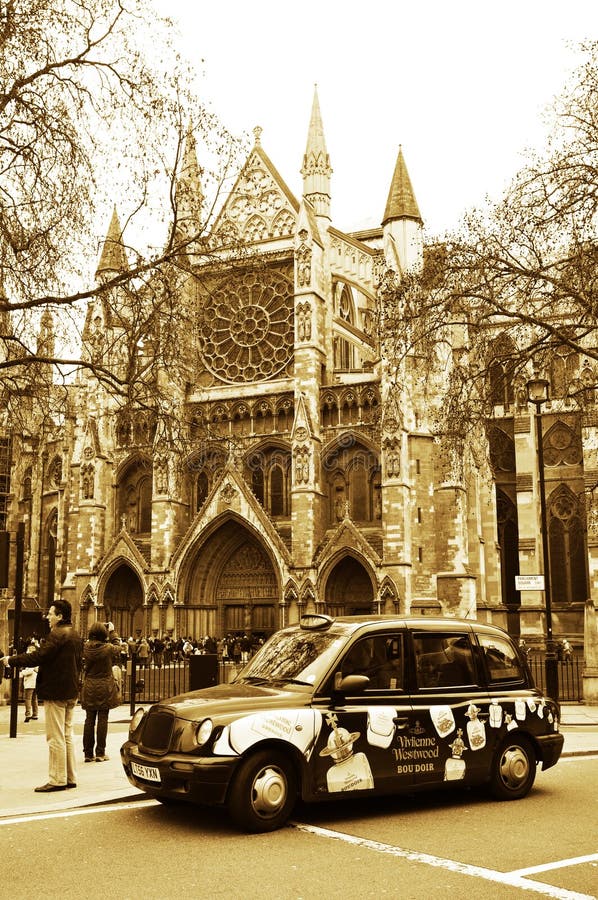 Vintage look London with taxi and Westminster Abbey. Vintage look London with taxi and Westminster Abbey