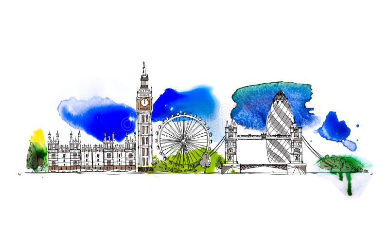 Londres, Big Ben, casas del ejemplo del parlamento Bosquejo con efecto colorido del color de agua