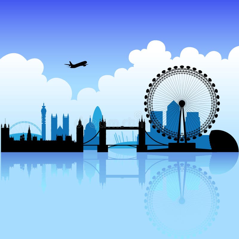 London skyline silhouette on a bright partly cloudy day. London skyline silhouette on a bright partly cloudy day