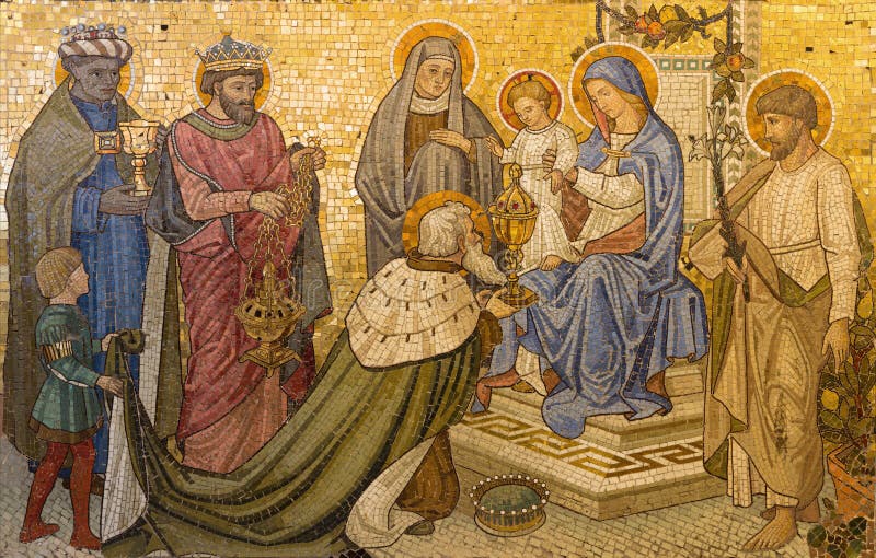 LONDRES, GRAN BRETAÑA - 17 DE SEPTIEMBRE DE 2017: El mosaico de la adoración de unos de los reyes magos en iglesia nuestra señora