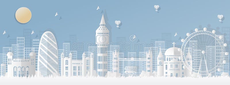 Londres, Inglaterra com vistas de marcos e de cidades famosos da mundo-classe, corte do papel das ilustrações do cartaz do turism ilustração do vetor Londres, Inglaterra com vistas de marcos e de cidades famosos da mundo-classe, corte do papel das ilustrações do cartaz do turism ilustração do vetor