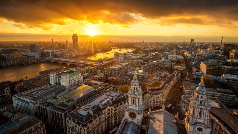 London, England - Aerial panoramic skyline view of London taken from top of St.Paul`s Cathedral at sunset with River Thames, beautiful golden sky and clouds. London, England - Aerial panoramic skyline view of London taken from top of St.Paul`s Cathedral at sunset with River Thames, beautiful golden sky and clouds