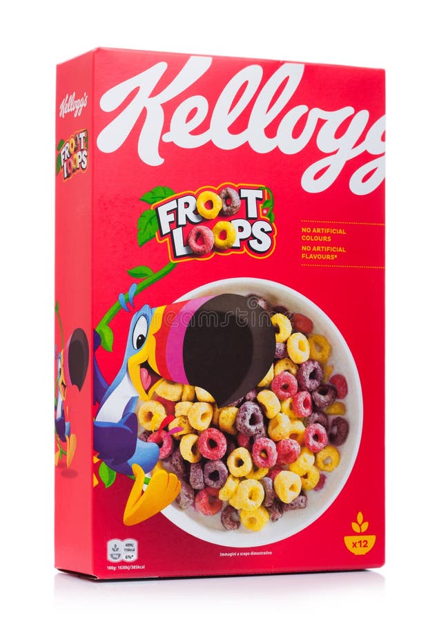 LONDRES, REINO UNIDO - 10 DE NOVIEMBRE DE 2019: Cereal sobre fondo blanco de los bucles de fruta de Kellogg