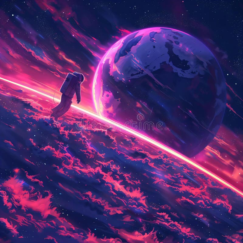 Lone astronaut clad sleek spacesuit floats foreground gazing towards vibrant cosmic horizon where large planet looms stock images