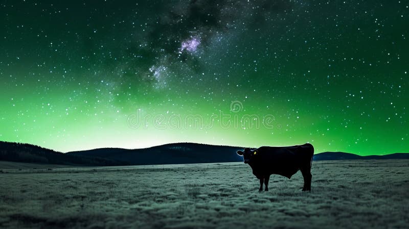 Lone Cow Under Milky Way Aurora Night Minimalist Monochromatic Landscape In 32k Uhd Generative