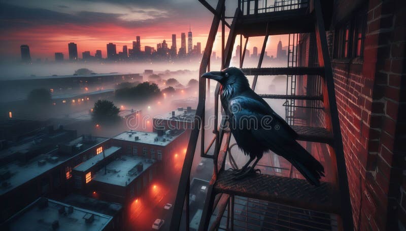 A lone crow perched on rusty fire escape overlooking misty i industrial district at twilight ilustração do vetor