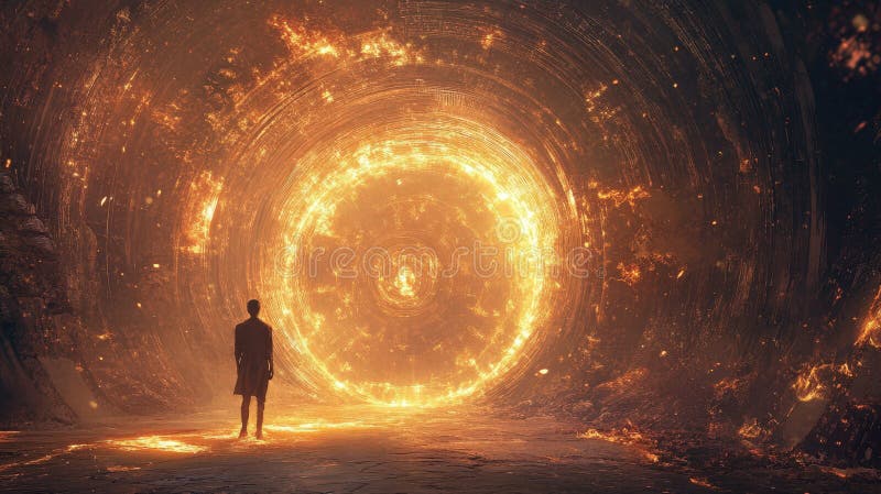A lone figure contemplates a fiery cosmic portal stock image