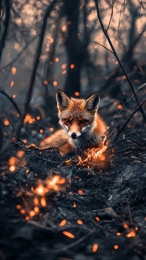 A lone fox peeking out from a burnt bush, glowing embers floating royalty free stock photos
