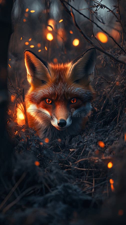 A lone fox peeking out from a burnt bush, glowing embers floating royalty free stock photography