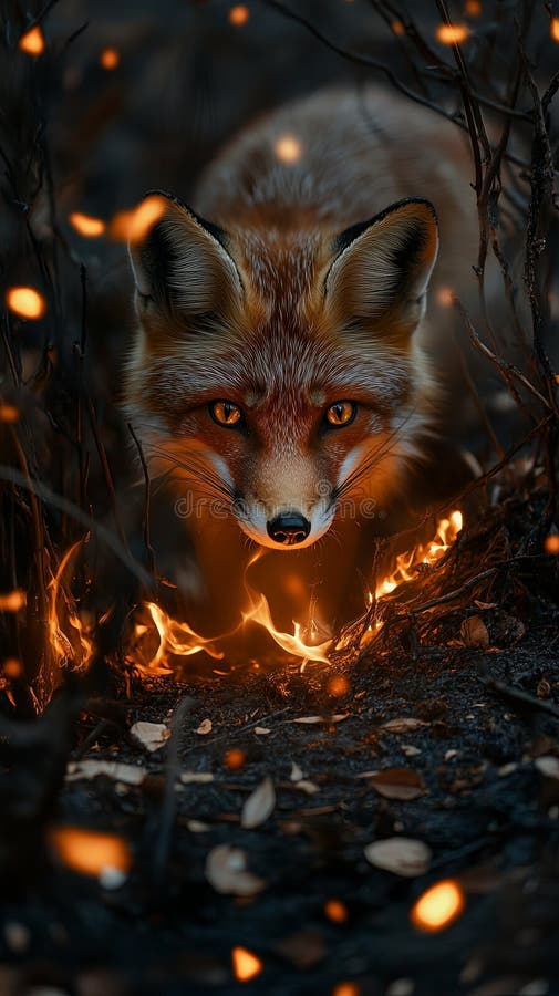 A lone fox peeking out from a burnt bush, glowing embers floating royalty free stock image