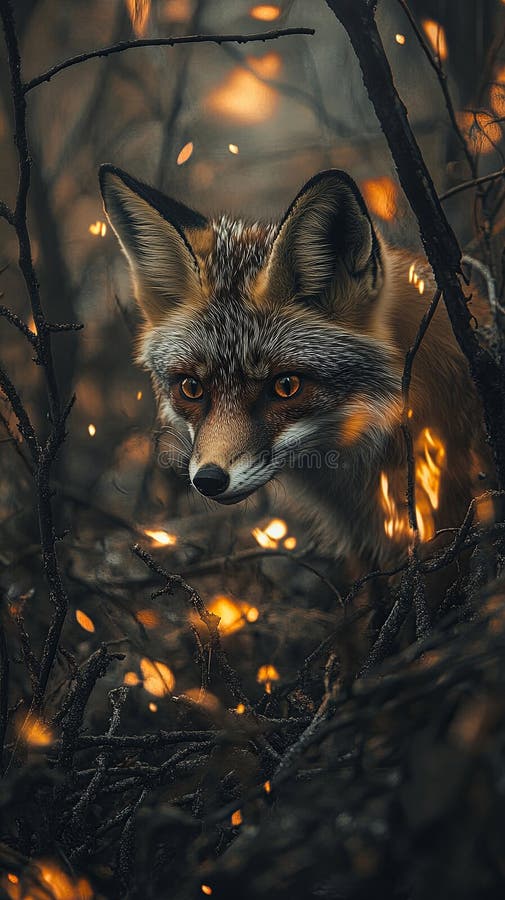 A lone fox peeking out from a burnt bush, glowing embers floating stock images