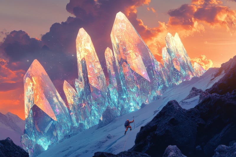 A lone hiker ascends a mountain range of giant iridescent crystals under a vibrant sunset sky vector illustration