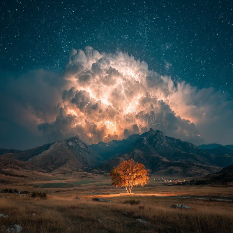 Bright tree stands alone in a wide valley beneath dramatic lightning-filled storm clouds, with rugged mountains and a starry night sky in the background. Lone tree storm dramatic lightning night sky field stock images, royalty-free photos and pictures