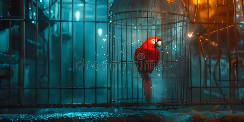 Pasăre roșie singuratică într-un mediu urban nocturn care evocă un sentiment de calm și izolare. oraș artistic stock photos