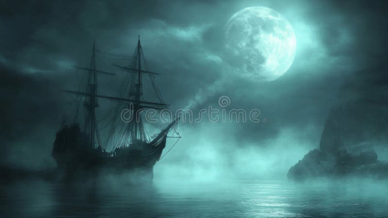 A lone sailing ship navigating foggy waters under a full moon vector illustration