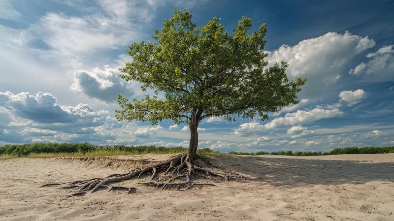Lone tree with exposed roots on sandy landscape under blue sky with clouds, showing the resilience of nature royalty free stock photography