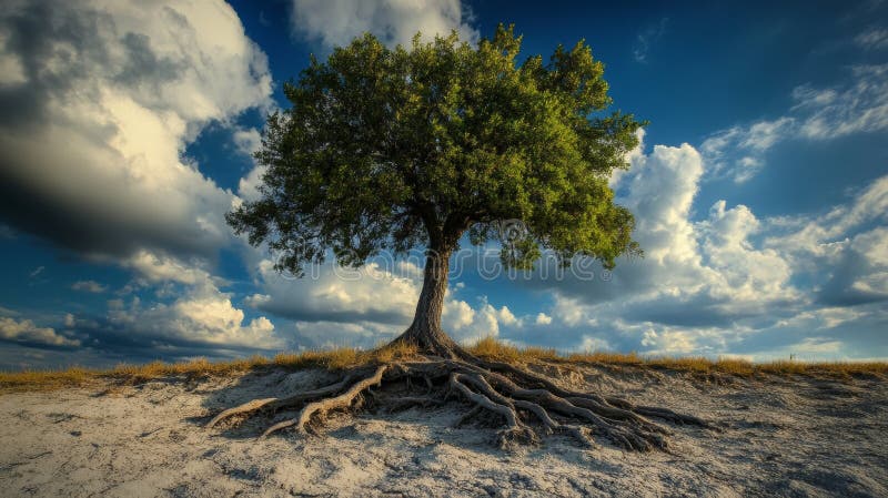 Lone tree with exposed roots on sandy terrain under dramatic cloudy sky, serene and resilient nature concept stock photo