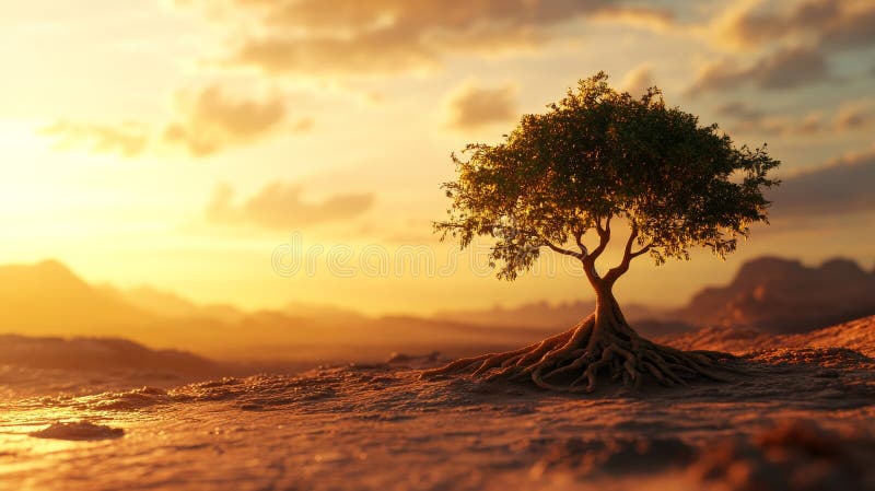 Lone tree with exposed roots at sunset in desert landscape, warm golden hues. Solitude and resilience in nature concept stock photo