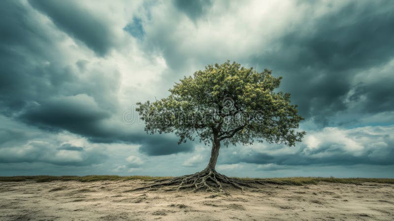 Lone tree with exposed roots under dramatic cloudy sky, symbol of resilience and strength. Environmental awareness and stock image