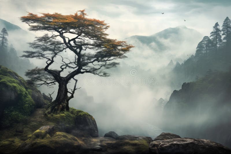 A lone tree floating above a misty forest royalty free illustration