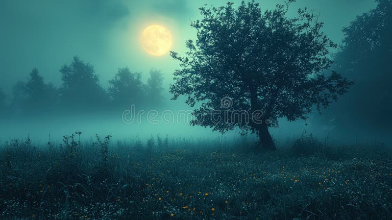 Lone tree in foggy moonlit meadow royalty free stock photography