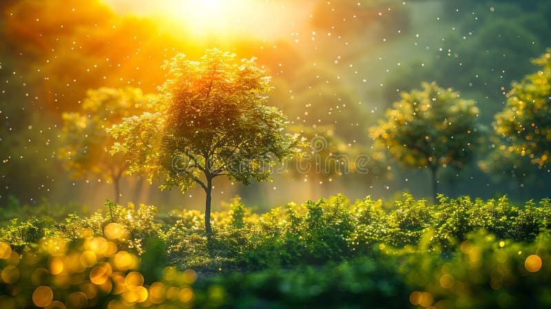 A lone tree in the middle of a field of green plants royalty free stock image